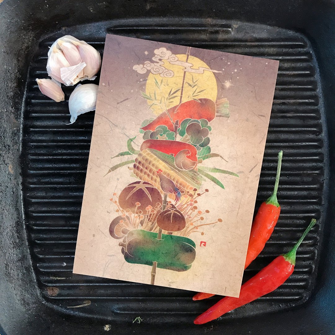 【香聚/故事插画明信片】/中秋/烤肉/团聚 - 卡片/明信片 - 纸 咖啡色