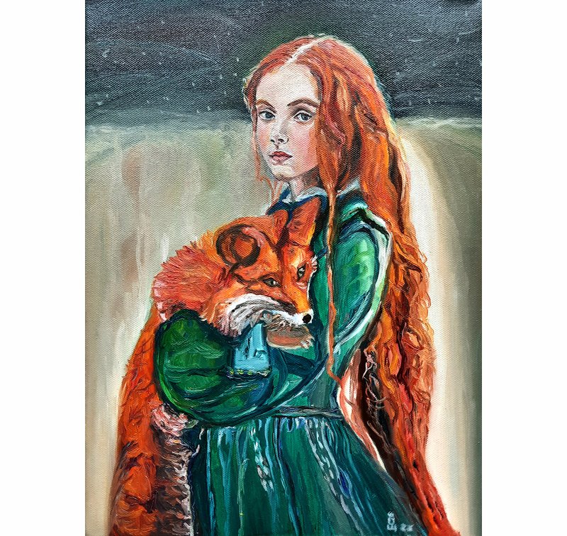 Girl and Fox Artwork  Original Art 油畫 Oil Painting Oil on Canvas Wall Decor - 墙贴/壁贴 - 其他材质 绿色