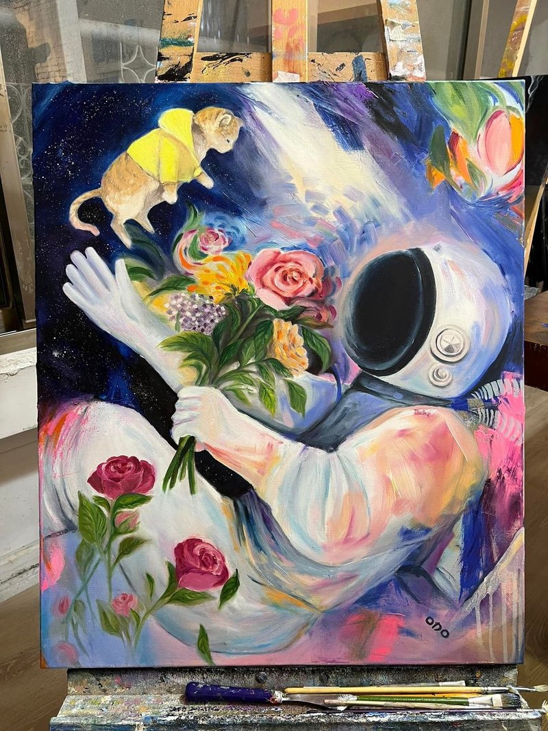 王咖咖 油画－太空人与喵－20F - 海报/装饰画/版画 - 颜料 多色