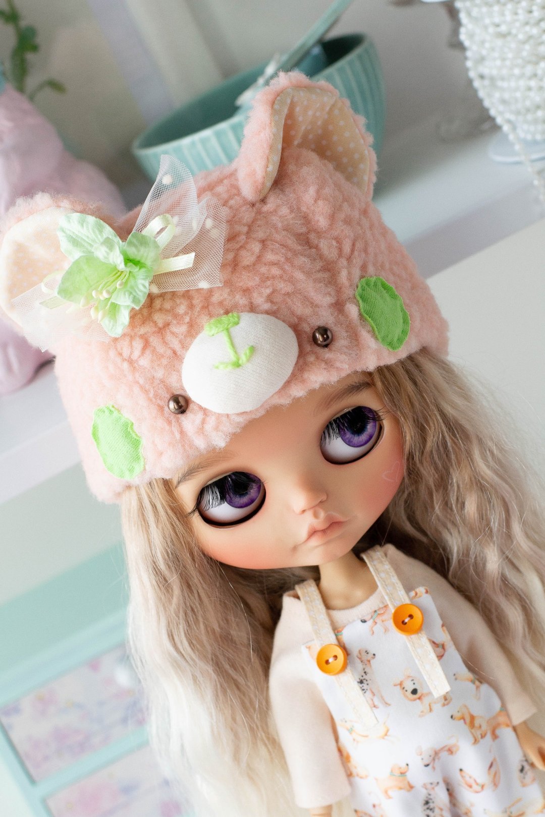 Hat for dolls Blythe with ties Faux Fur Bear Hat kawaii bear face - 玩偶/公仔 - 羊毛 绿色
