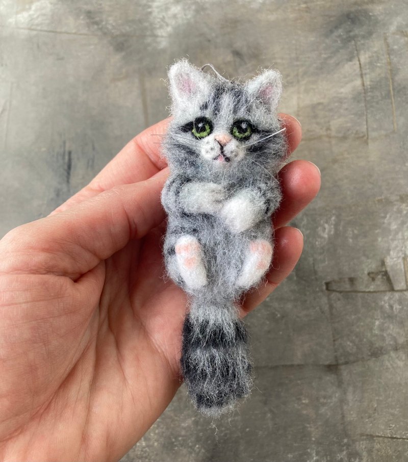 手工灰猫项链吊坠女式针毡羊毛动物饰品 - 项链 - 羊毛 灰色