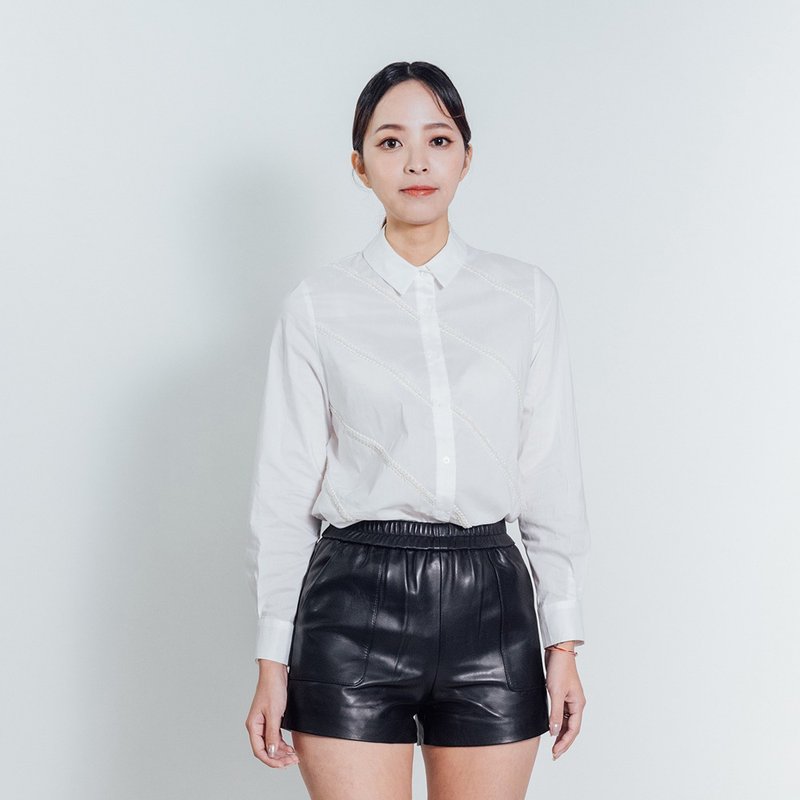 AVVJOY | 扭纹缎带长版长袖衬衫宽松白色 - 女装上衣 - 其他材质 