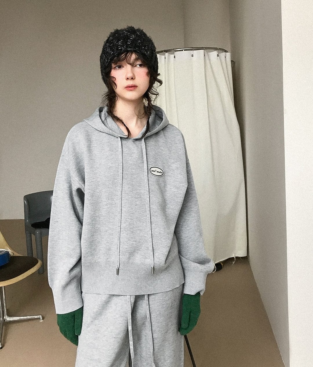 懒人套装 / 慵懒连帽毛衣长裤套装 / 可机洗 纱线 - 女装长裤 - 其他材质 灰色
