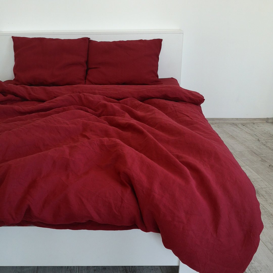 Maroon linen duvet cover / Softened linen / Comforter cover / Quilt cover - 寝具 - 亚麻 红色