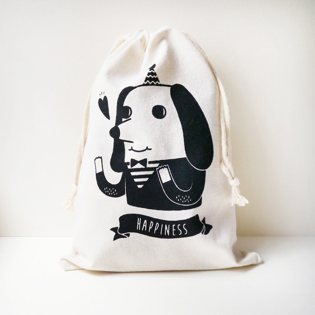 Happiness Dog 幸福狗狗丝印帆布束口袋 礼品布袋 - 化妆包/杂物包 - 棉 白色