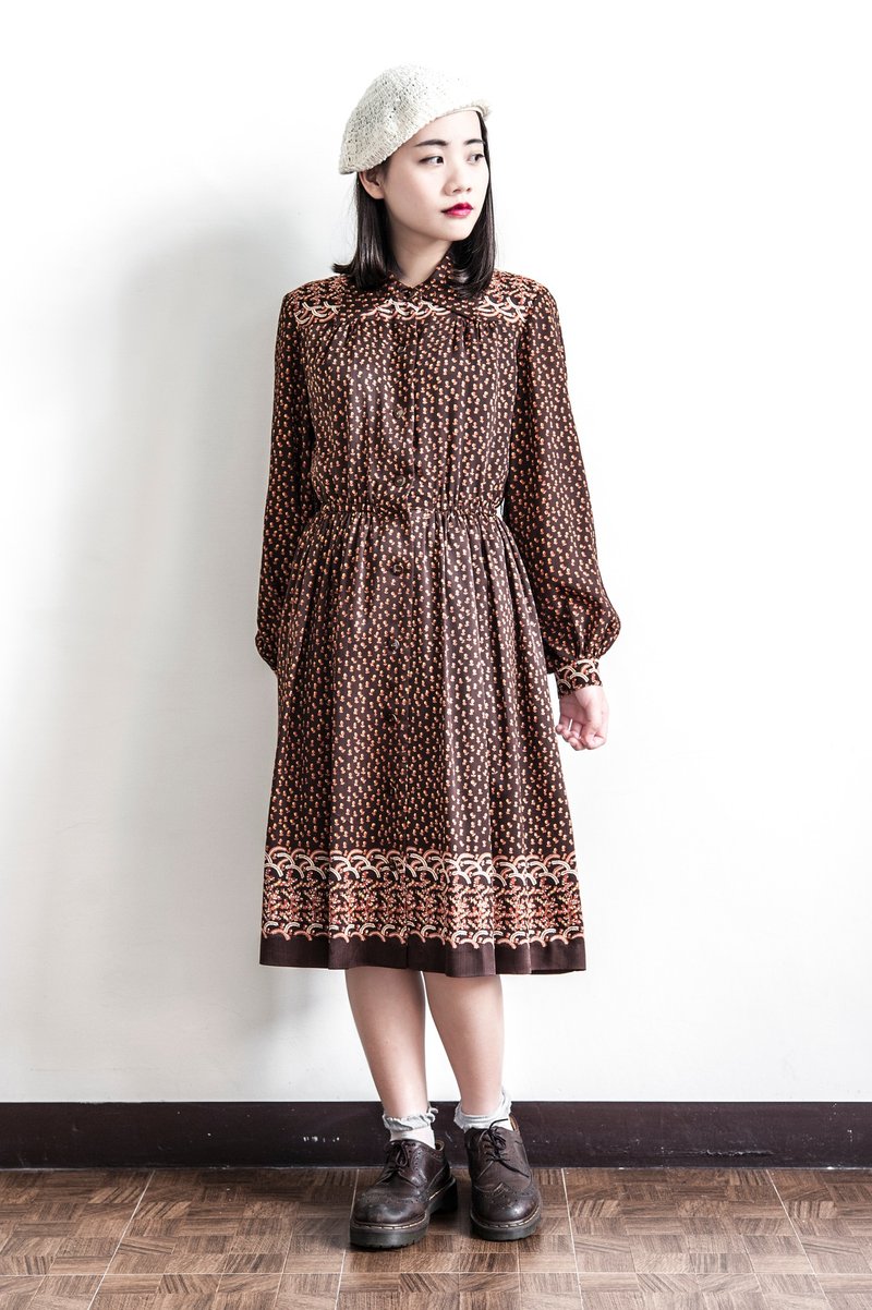 Vintage 栗色长袖古着洋装 - 洋装/连衣裙 - 聚酯纤维 咖啡色