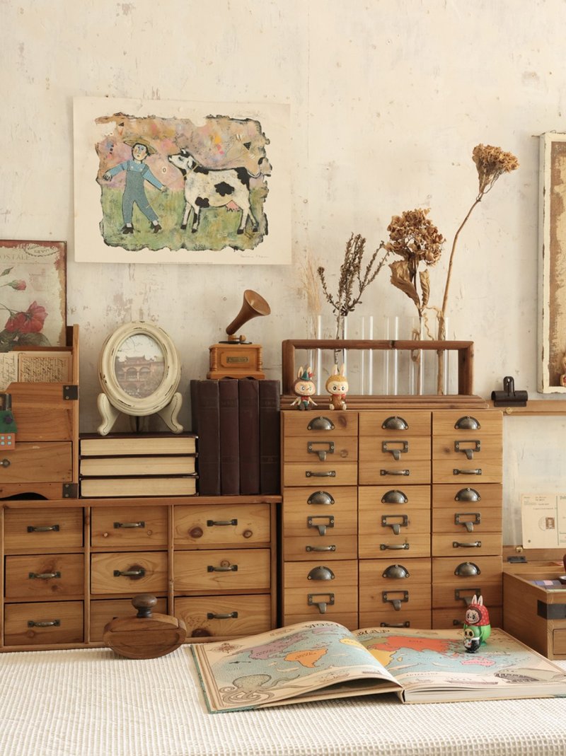 懷舊辦公室 复古九宫格抽屉式收纳柜 桌面分类整理 杂物收纳 - 收纳用品 - 木头 