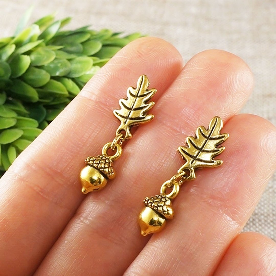 Golden Acorn Oak Leaf Forest Woodland Stud and Dangle Earrings Woman Jewelry - 耳环/耳夹 - 其他金属 金色