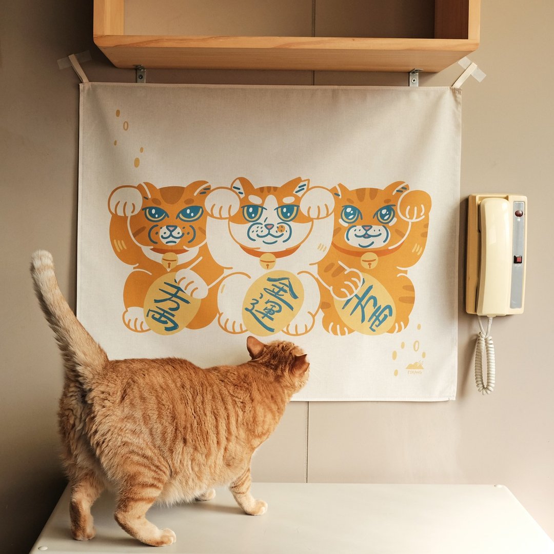 招财猫岛民挂布 / 橘橘橘猫 - 海报/装饰画/版画 - 棉 白色