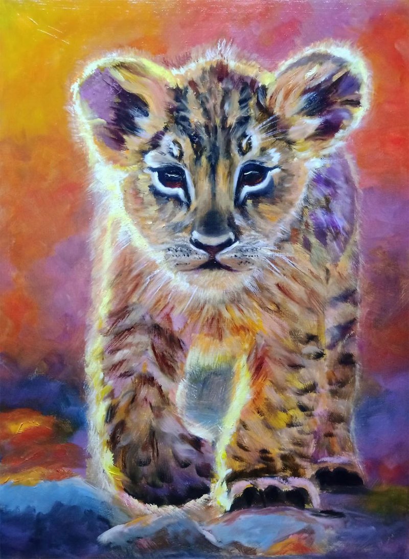 小狮子 画布上的油画 原创艺术 动物艺术 - 墙贴/壁贴 - 棉．麻 橘色