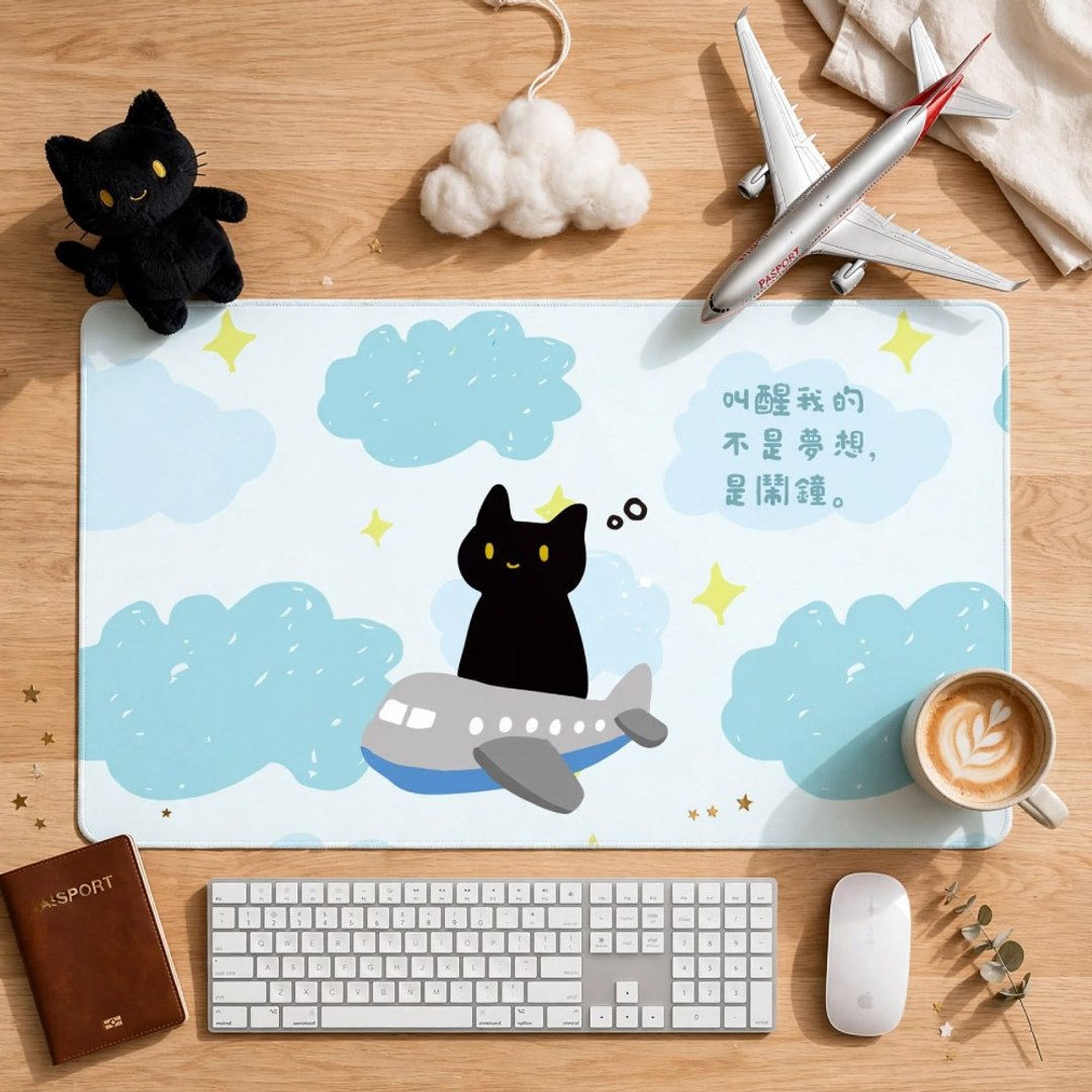 【可定制化文字】黑猫坐飞机 大尺寸 鼠标垫 餐垫 办公桌垫 PU082 - 鼠标垫 - 橡胶 蓝色