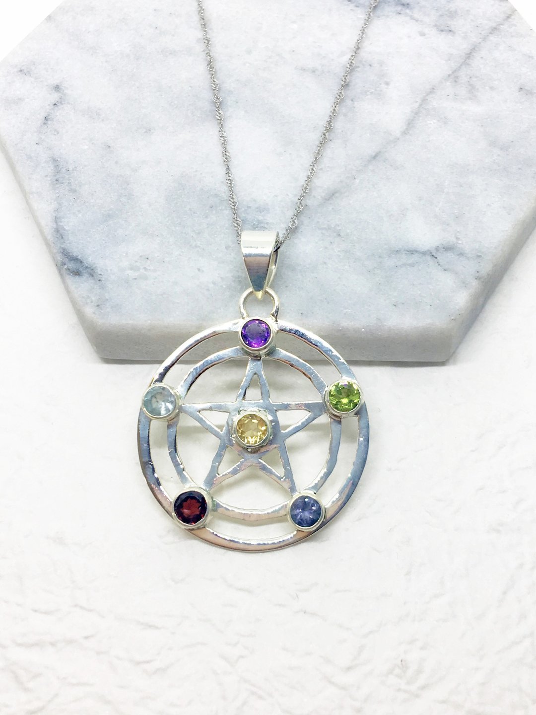 多宝石925纯银五芒星设计项链 印度手工镶嵌制作 - 项链 - 宝石 多色