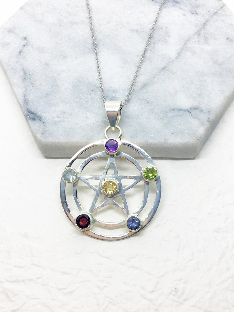 多宝石925纯银五芒星设计项链 印度手工镶嵌制作 - 项链 - 宝石 多色