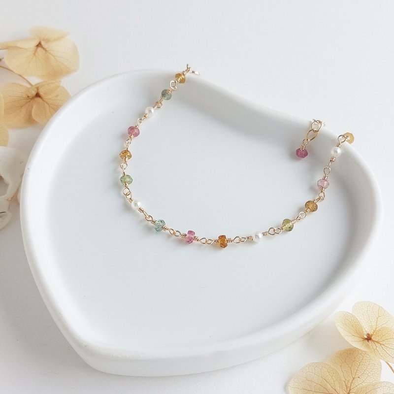 缤纷糖果碧玺 + 淡水珍珠 x 14KGF 手链 - 手链/手环 - 半宝石 多色