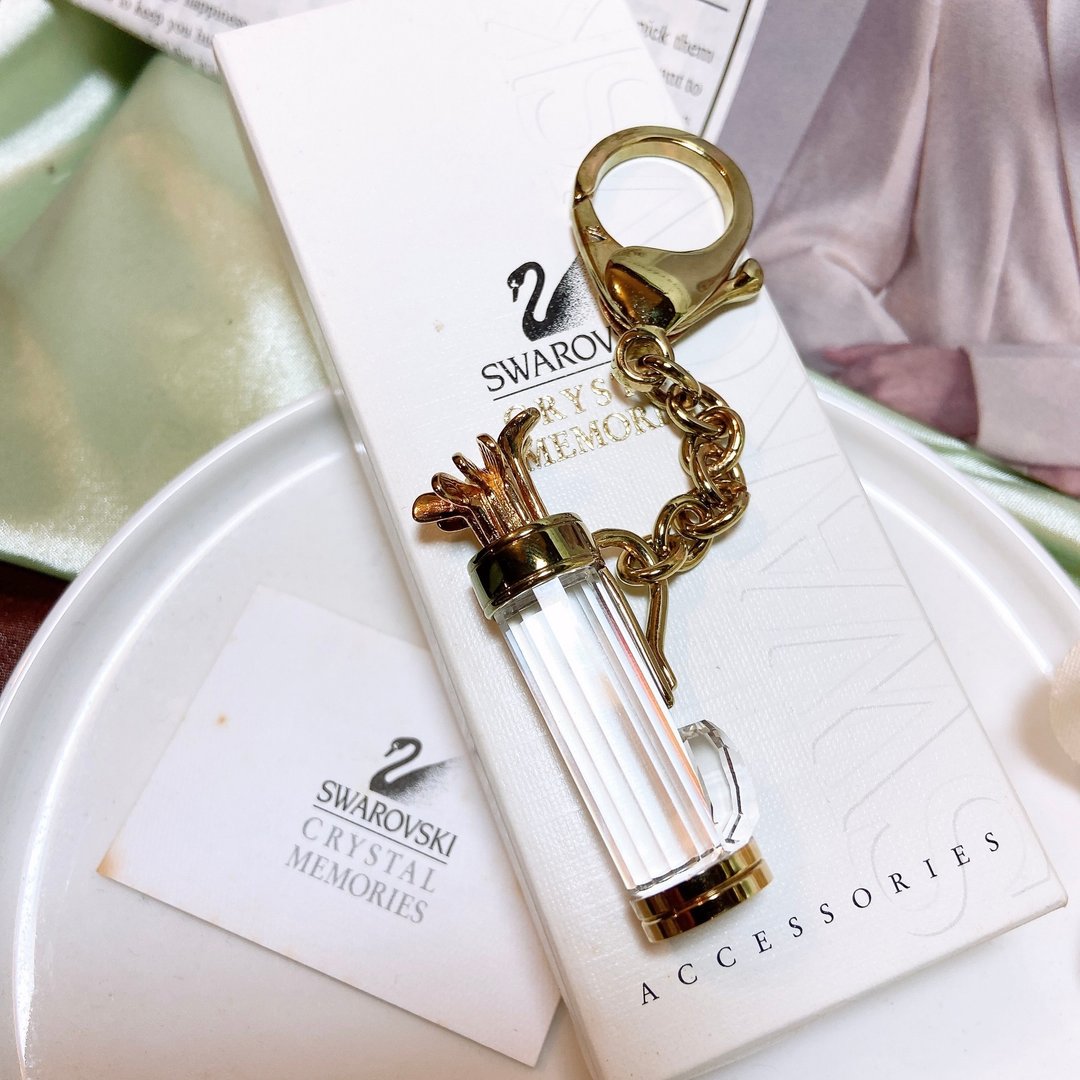【西洋古董饰品】Swarovski 精品水晶切割高尔夫球杆 钥匙圈 - 钥匙链/钥匙包 - 贵金属 金色