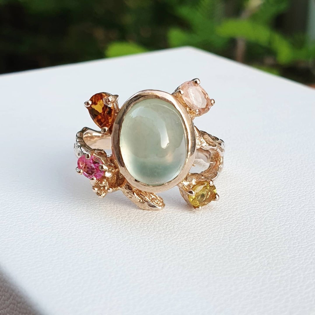 Prenite ring decorated with multicolored gemstones, 925 Silver . - 戒指 - 半宝石 绿色