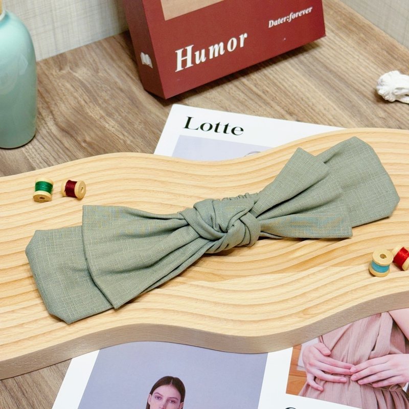 【巧妙艺手】灰绿 手作蝴蝶结发带 - 发带/发箍 - 棉．麻 绿色