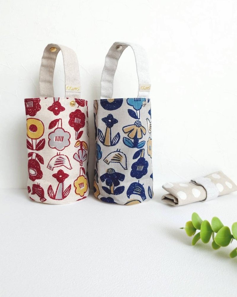 【BDR/饮料提袋】花鸟涂鸦 里布防泼水 日本帆布 扣式收纳 - 随行杯提袋/水壶袋 - 棉．麻 多色