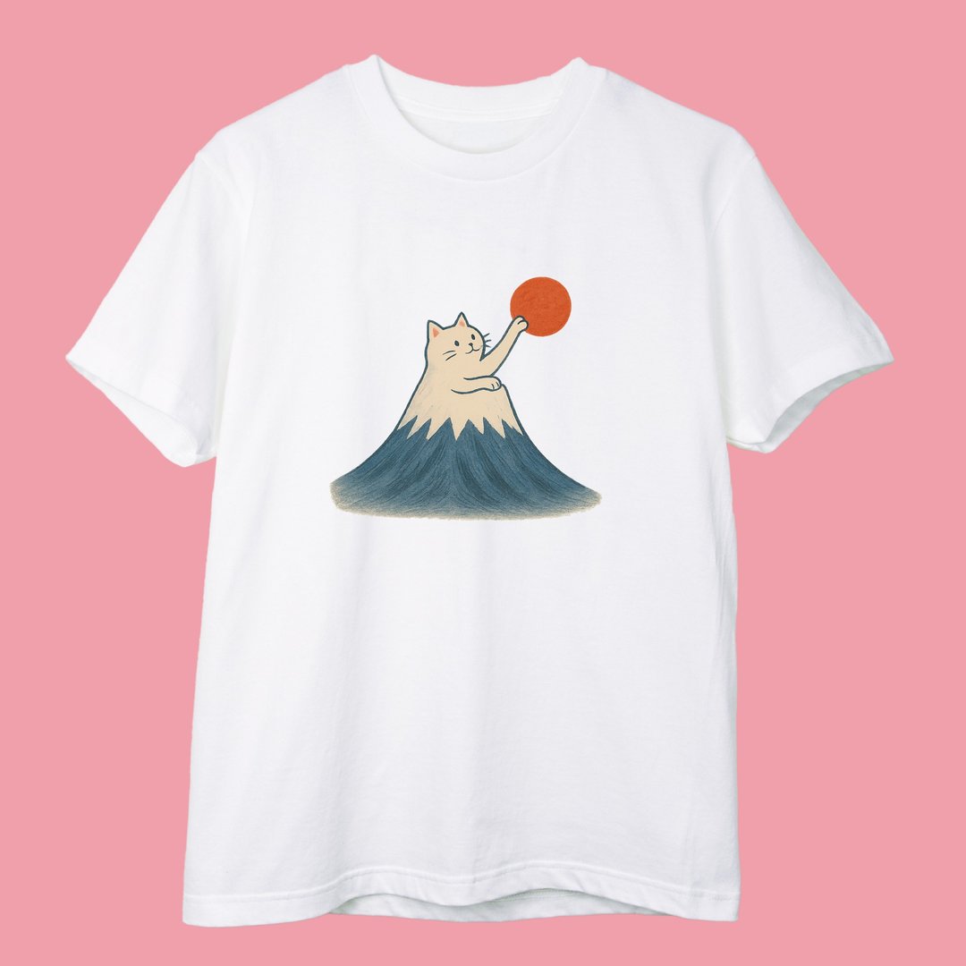 富士山猫抓太阳 - 大人短袖上衣 - 男装上衣/T 恤 - 棉 白色