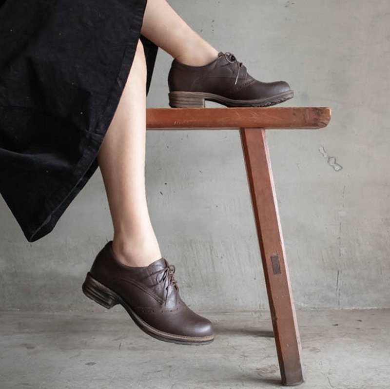 翼纹德比鞋_黑胡桃 - 其他女款皮鞋 - 真皮 咖啡色