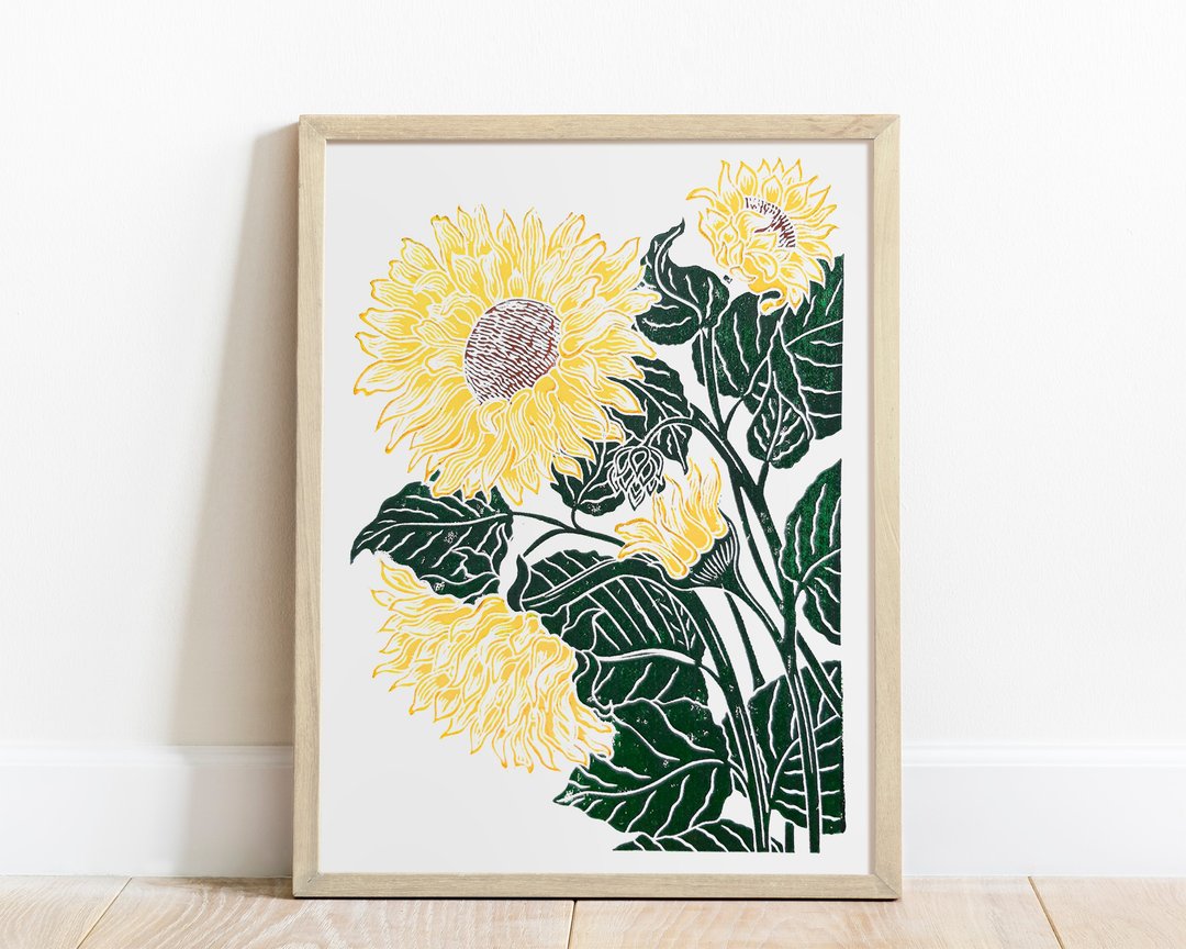 Linocut 印花黄绿色向日葵艺术原创艺术品植物墙艺术 - 海报/装饰画/版画 - 纸 黄色