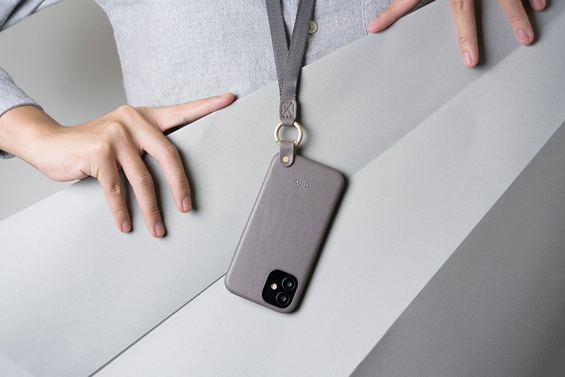 颈挂式皮革防摔手机壳iPhone 12 Mini 灰 - 手机壳/手机套 - 真皮 灰色