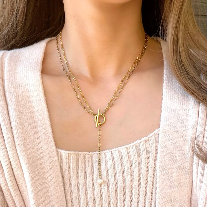 2 路 2 串淡水珍珠披风项链，手术不锈钢，可随时佩戴，珍珠，礼物，珍珠链，珍珠，抗过敏 - 项链 - 珍珠 金色