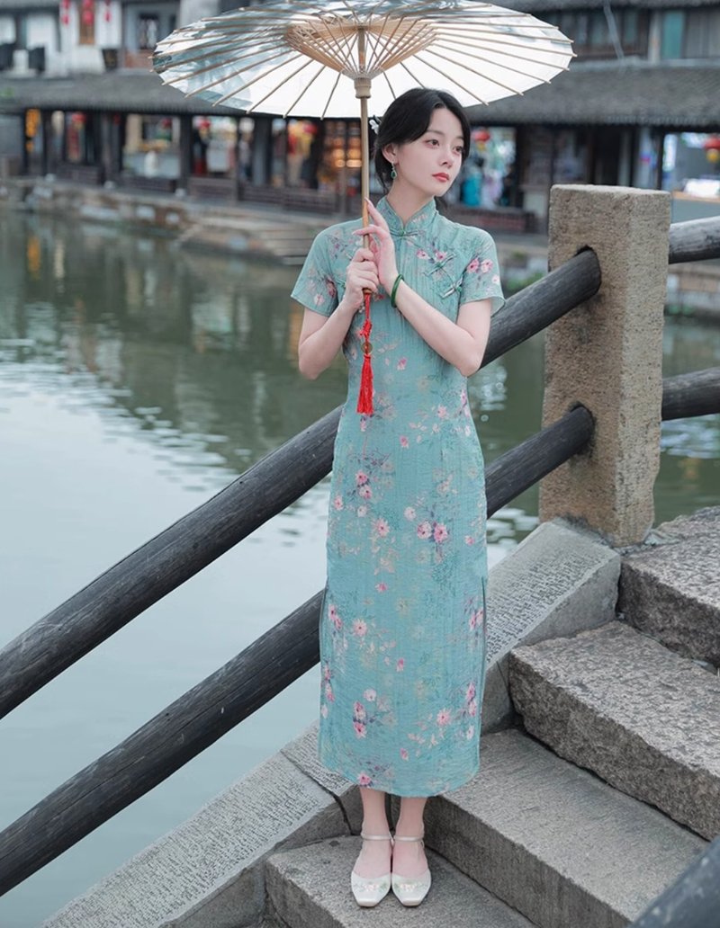 一树花开 新中式复古改良旗袍连身裙 - 洋装/连衣裙 - 其他材质 绿色