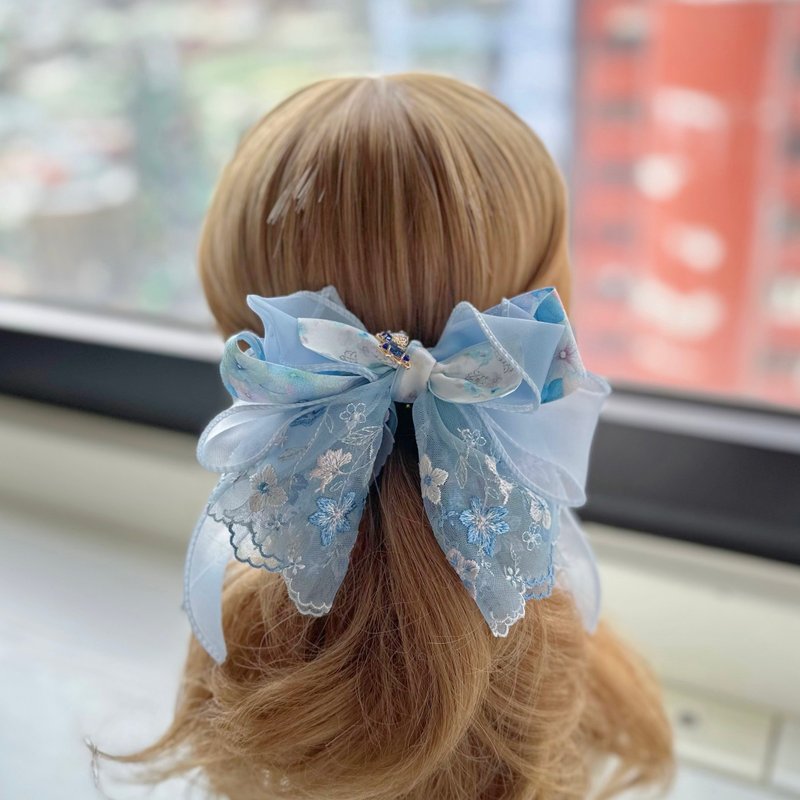 独家蕾丝欧根纱蝴蝶结相交夹香蕉夹仙女夹发夹-浅蓝色 - 发饰 - 其他材质 蓝色