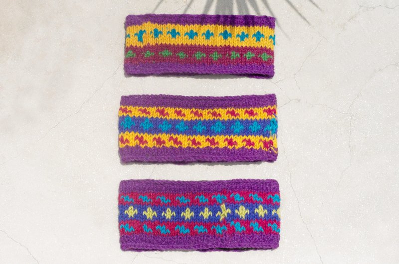 七夕礼物 限量手工 / 手工羊毛编织缤纷发带/ 纯羊毛编织发带 / boho headband / 花朵钩织发带 / 内刷毛发带 / 针织发带 - 紫色系条纹 - 发饰 - 羊毛 多色