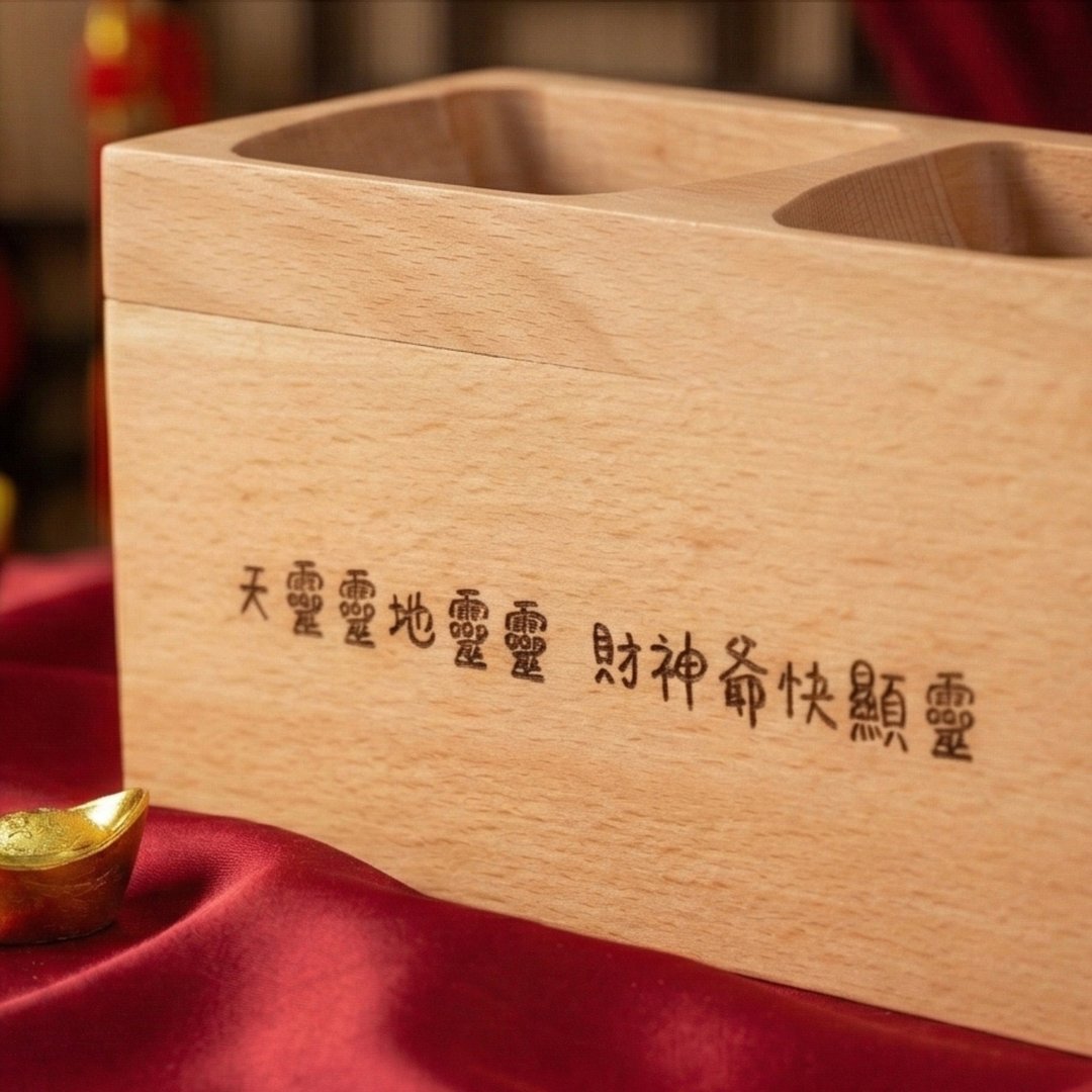 【天灵灵地灵灵财神爷快显灵】超滑顺 双格零钱盒 定制化 招财 - 储蓄罐 - 木头 卡其色