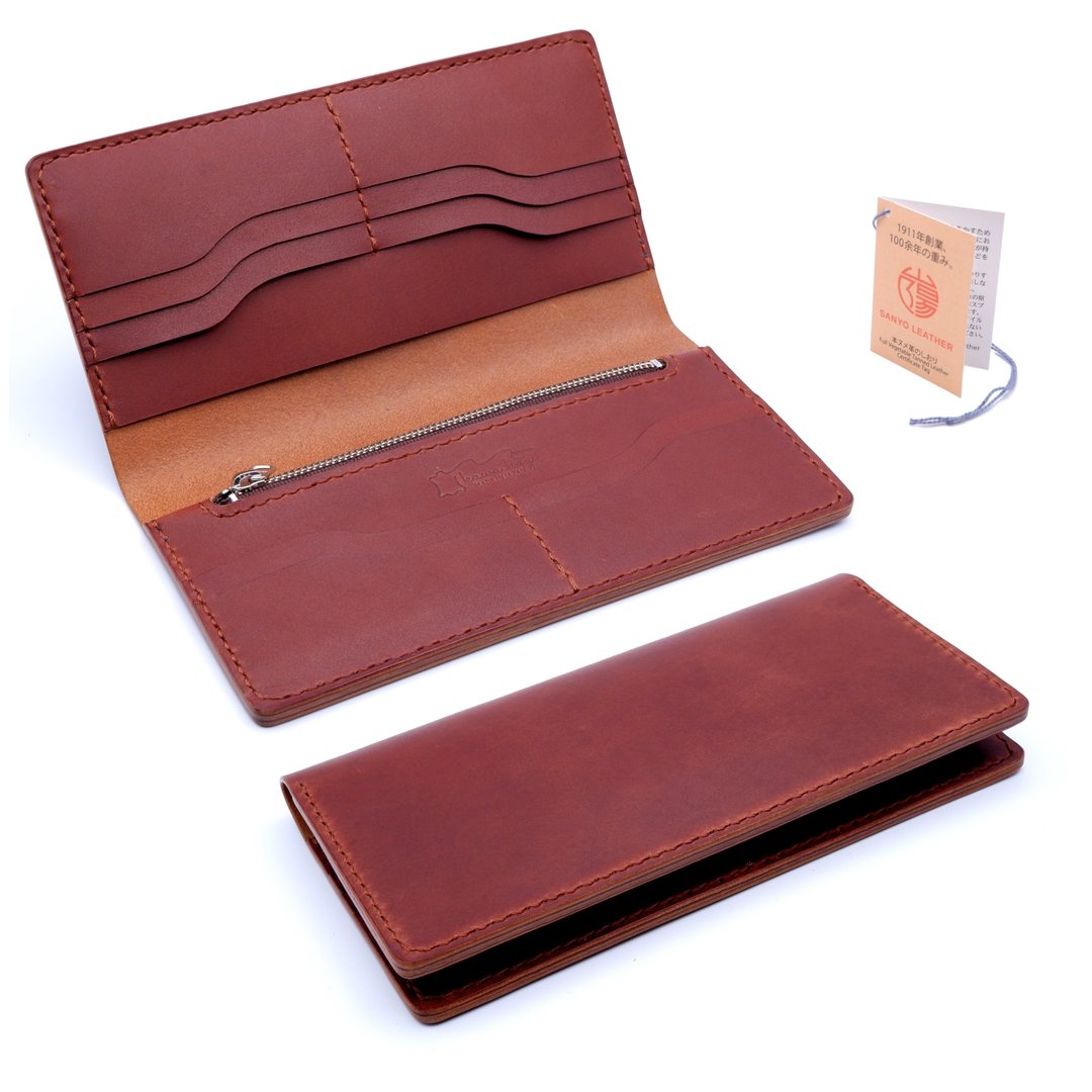 Bi-fold long wallet with coin purse Brown Himeji leather genuine leather - 皮夹/钱包 - 真皮 咖啡色