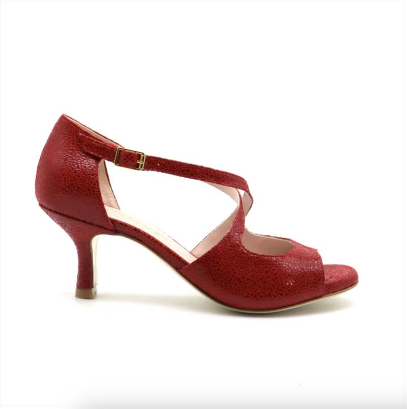 亮红交叉鞋带碎玻璃纹 6 厘米高跟鞋 - 高跟鞋 - 真皮 红色