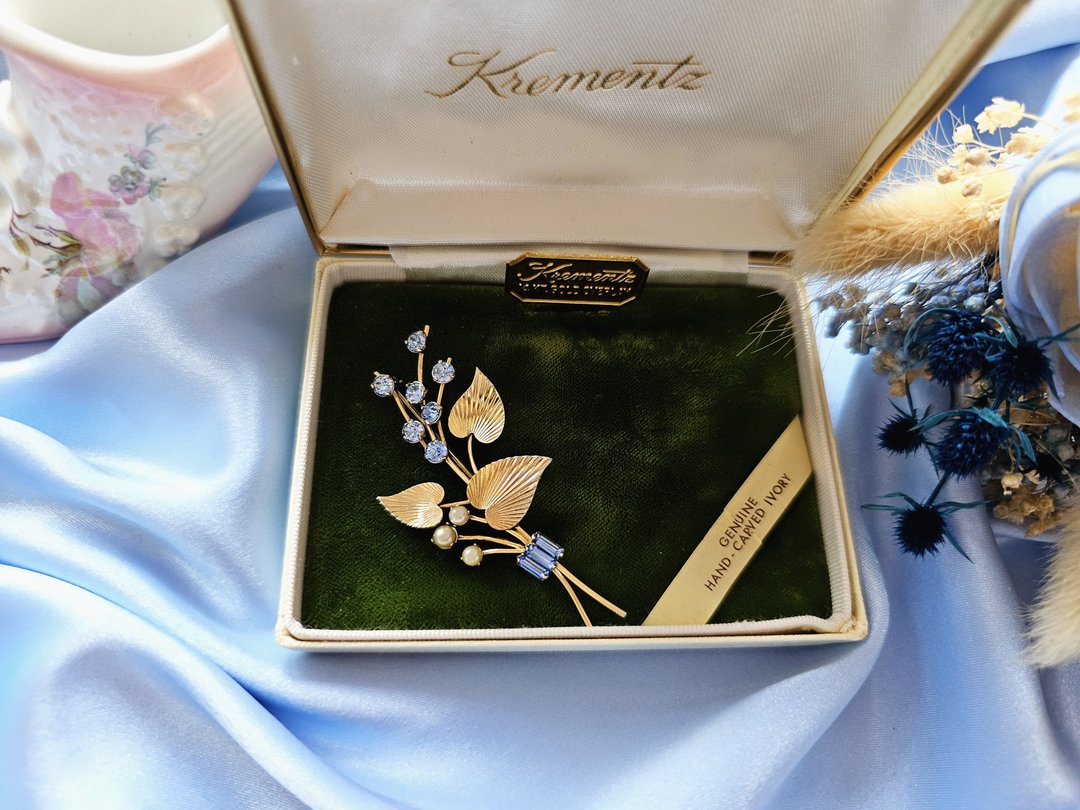 Krementz爱之蔓心叶水蓝莱茵包金胸针/vintage美国西洋古董 - 胸针 - 其他金属 