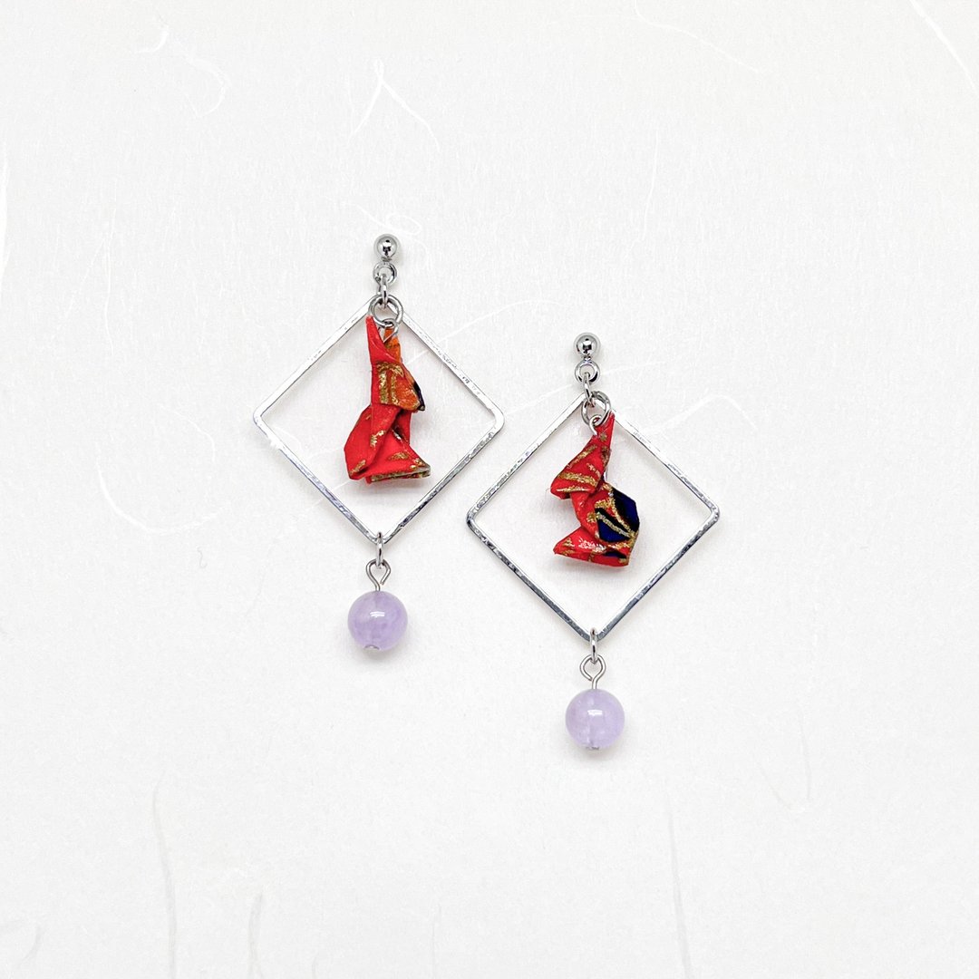 Chearrings | Origami 日本和纸 手工折纸 小兔耳环 | 款式 R002 - 耳环/耳夹 - 纸 红色