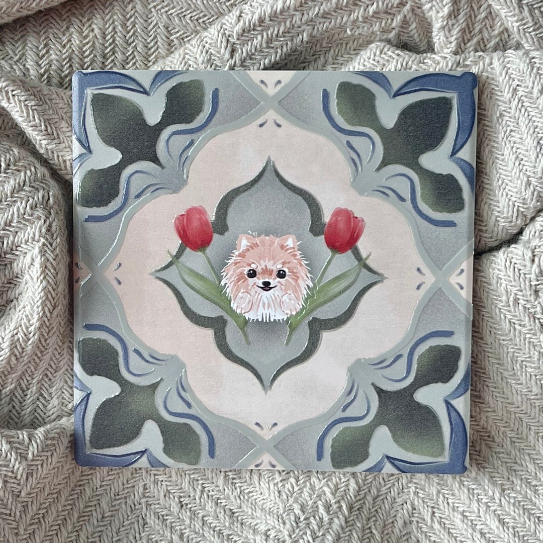 花砖躲猫猫杯垫 博美 |  陶瓷 立体花纹 - 杯垫 - 陶 多色