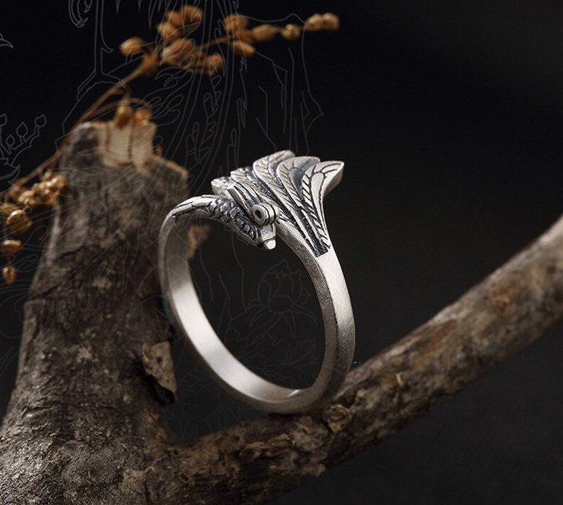 Real 990 Fine Silver Handmade Engrave Peacock Finger Ring Vulcanized Thai Silver - 戒指 - 纯银 银色