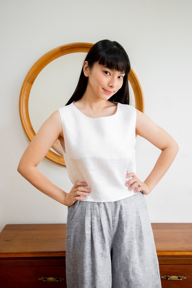 Linen Tiny Tank Top - White - 女装上衣 - 棉．麻 白色