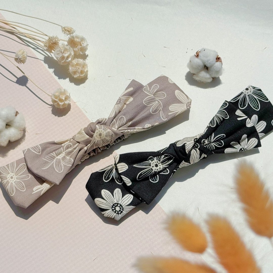 【巧妙艺手】日系线条花花 手作蝴蝶结发带 - 发带/发箍 - 棉 多色