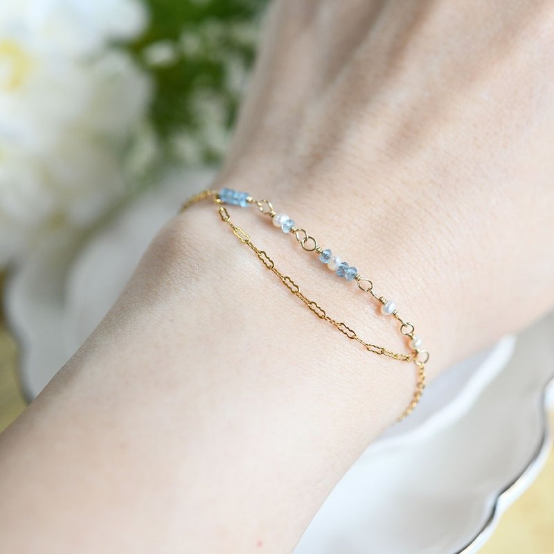 原创 蓝玉髓与小巧珍珠双链感手链 3月 6月诞生石 - 手链/手环 - 宝石 蓝色