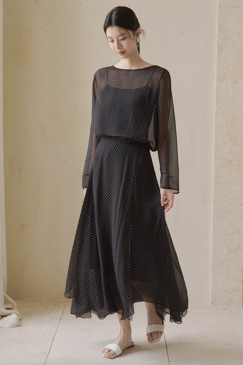 波点雪纺 圆领透感上衣 不规则半裙套装 - 女装上衣 - 其他材质 黑色