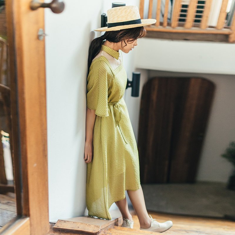 安妮陈2017春夏新款肩部拼纱系带连身裙洋装 - 洋装/连衣裙 - 聚酯纤维 绿色