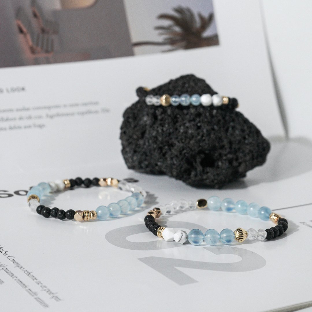 海蓝宝、白松石、火山石、白水晶手链 - 手链/手环 - 水晶 蓝色