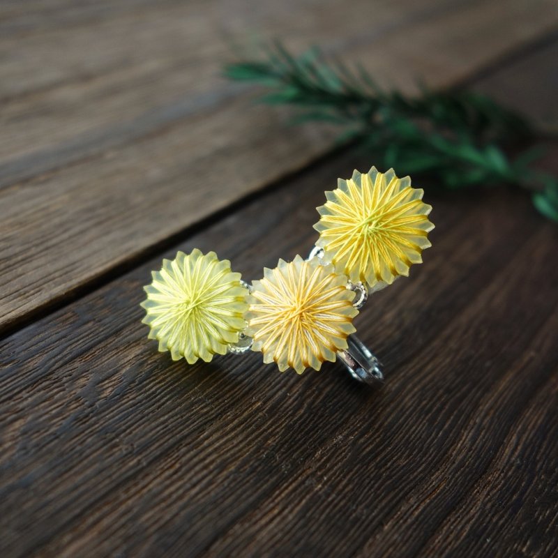 含羞草三排耳夹/ 丝线 / 黄色 / 春天的颜色 / 免费送货 - 耳环/耳夹 - 丝．绢 黄色