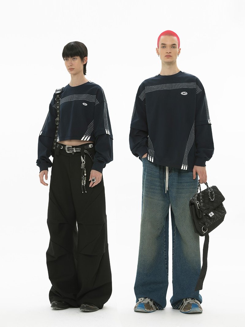 Unvesno (UN) 运动全幅刺绣杠条假两件圆领情侣长袖T恤 - 中性连帽卫衣/T 恤 - 棉．麻 