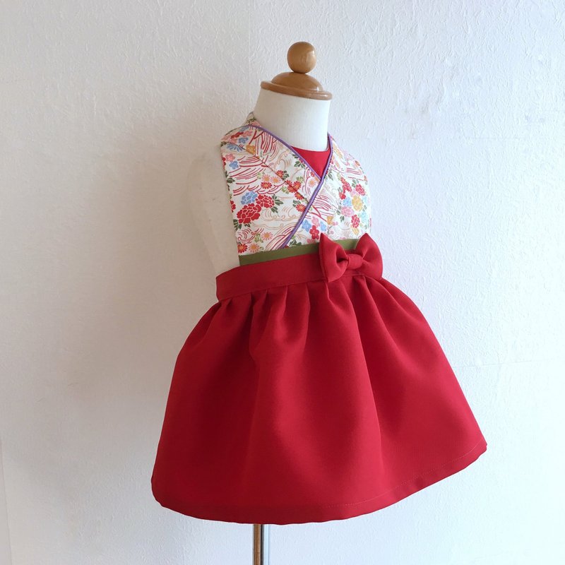 Kawaii Kimono Bib Dress(日本和服围兜) - 和小花 - Red - 围嘴/口水巾 - 棉．麻 红色