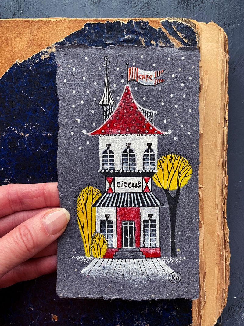 马戏团咖啡馆绘画 原创艺术 再生纸上的迷你艺术品 Rubinova - 海报/装饰画/版画 - 纸 多色
