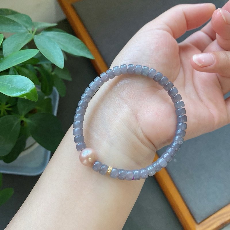 3mm天然和田玉 /和阗玉-烟紫玉 925银珍珠设计单圈手持手串m - 手链/手环 - 玉石 绿色