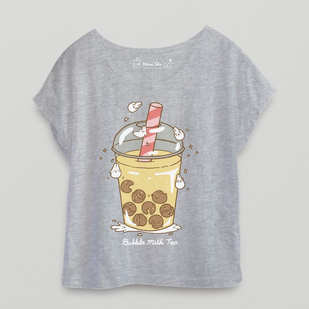 麻糬兔珍珠奶茶T-shirt - 女装短裤 - 棉 灰色