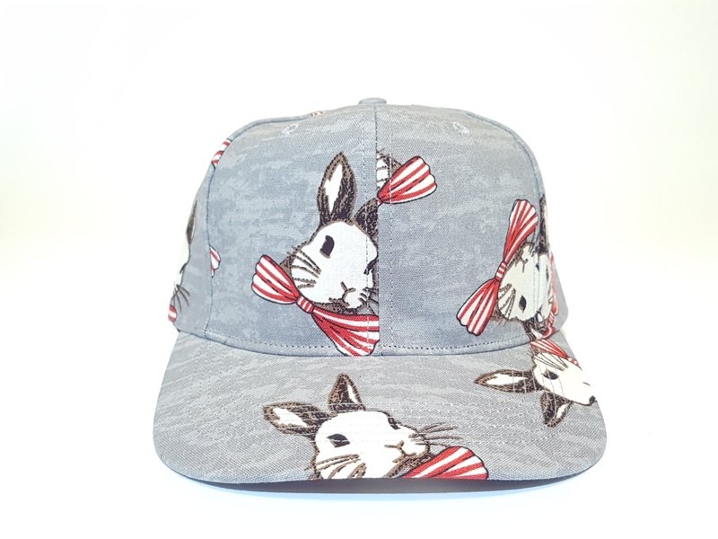 印花棒球帽-  俏皮领结兔   #老帽 #潮帽 - 帽子 - 棉．麻 灰色